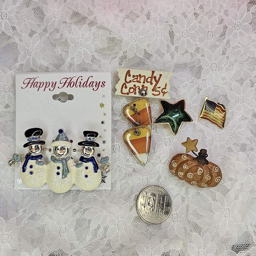 Lapel Pins • Vintage • Set of 5 • Holidays • Metal • Wood • Resin • Brooch